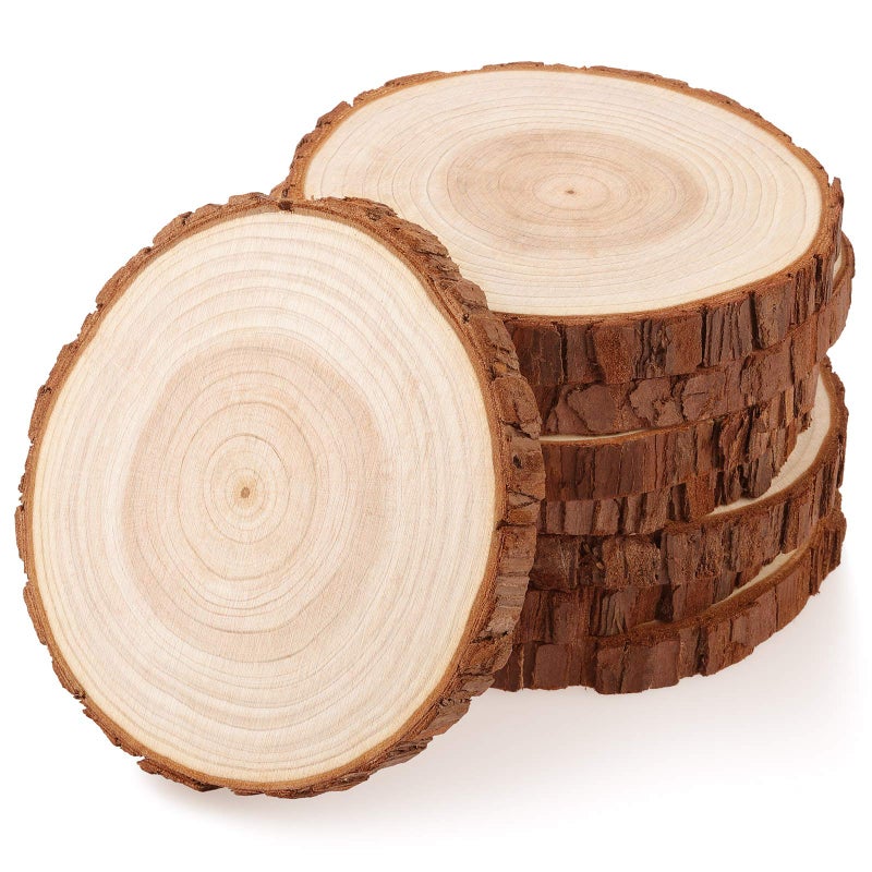Fuyit Unfinished Wood Slices for Centerpieces, 8Pcs 5.1-5.5 Inch Natural Wooden Round Discs with Bark for Rustic DIY Crafts, Table Base, Wedding Decoration - Image 1